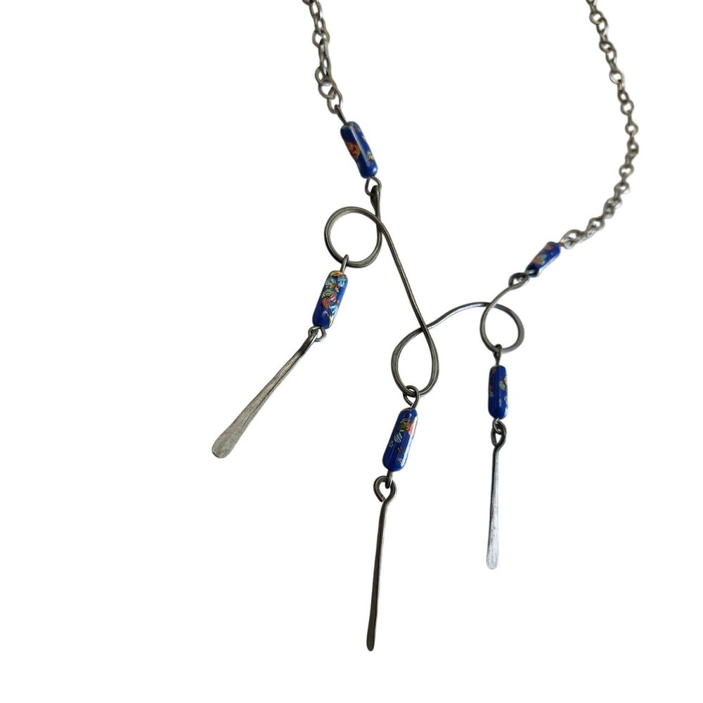 Artisan Handmade Sterling? Tribal Necklace Chandelier Dangle Blue Bead